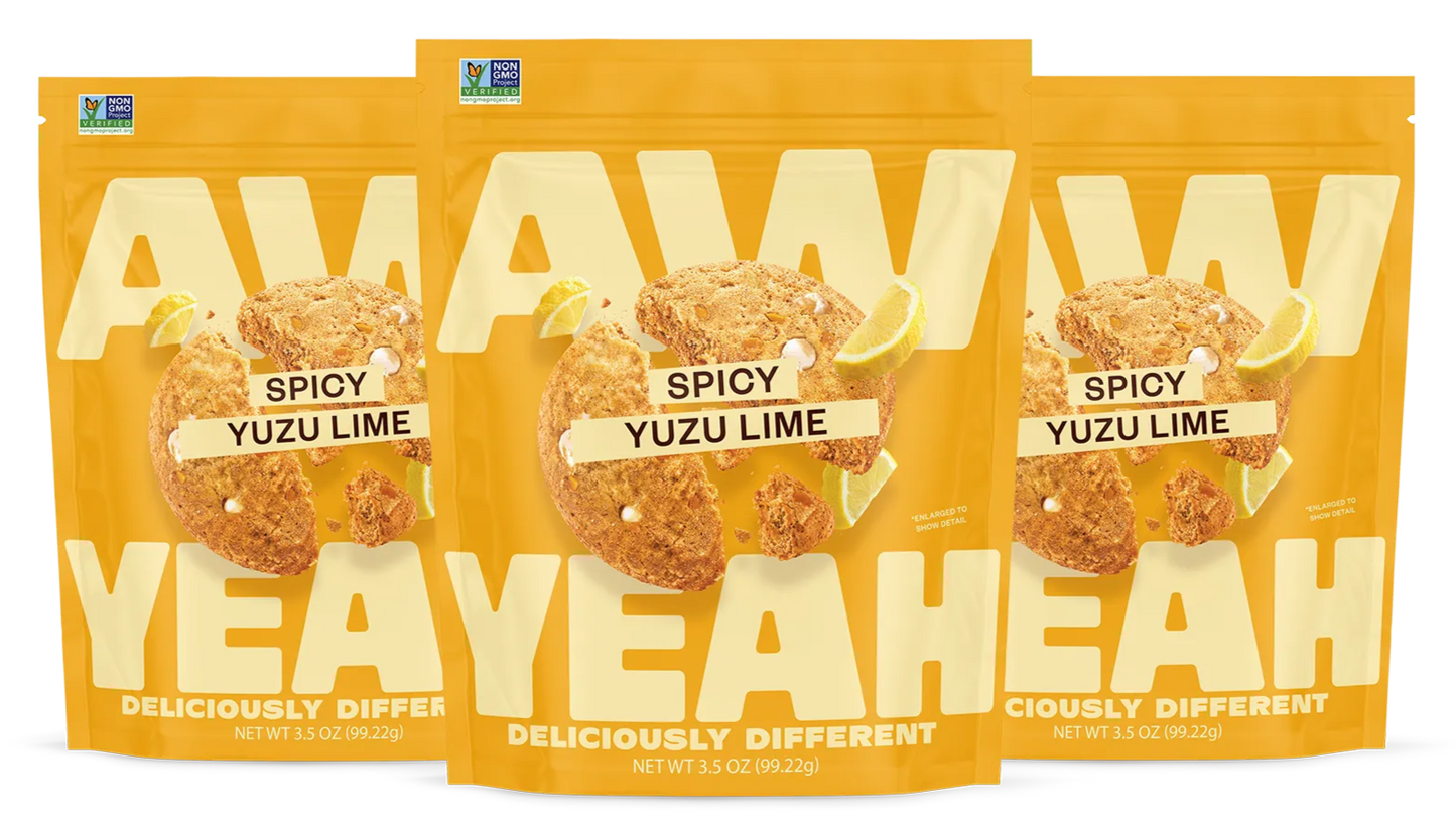 three packages of aw yeah spicy yuzu lime sweet and spicy cookies gluten free non GMO and dairy free cookies