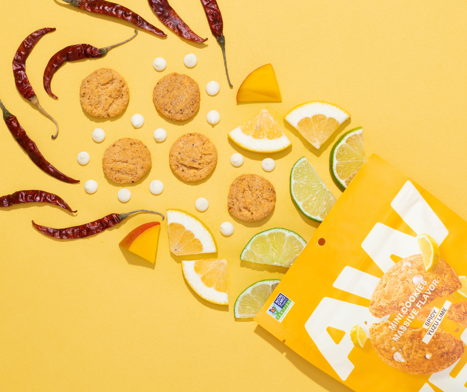 aw yeah dairy free gluten free cookies sweet and spicy yuzu lime diagonal package flavor explosion with yuzu-lime-mango-chili-white chocolate