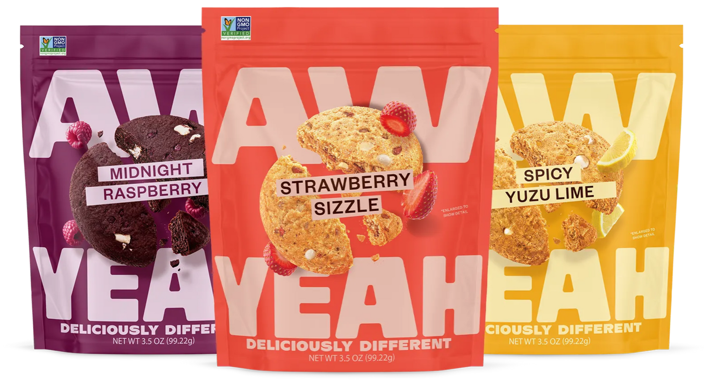 gluten free non GMO dairy free cookies three packages of aw yeah sweet and spicy cookies strawberry sizzle, spicy yuzu lime, midnight raspberry