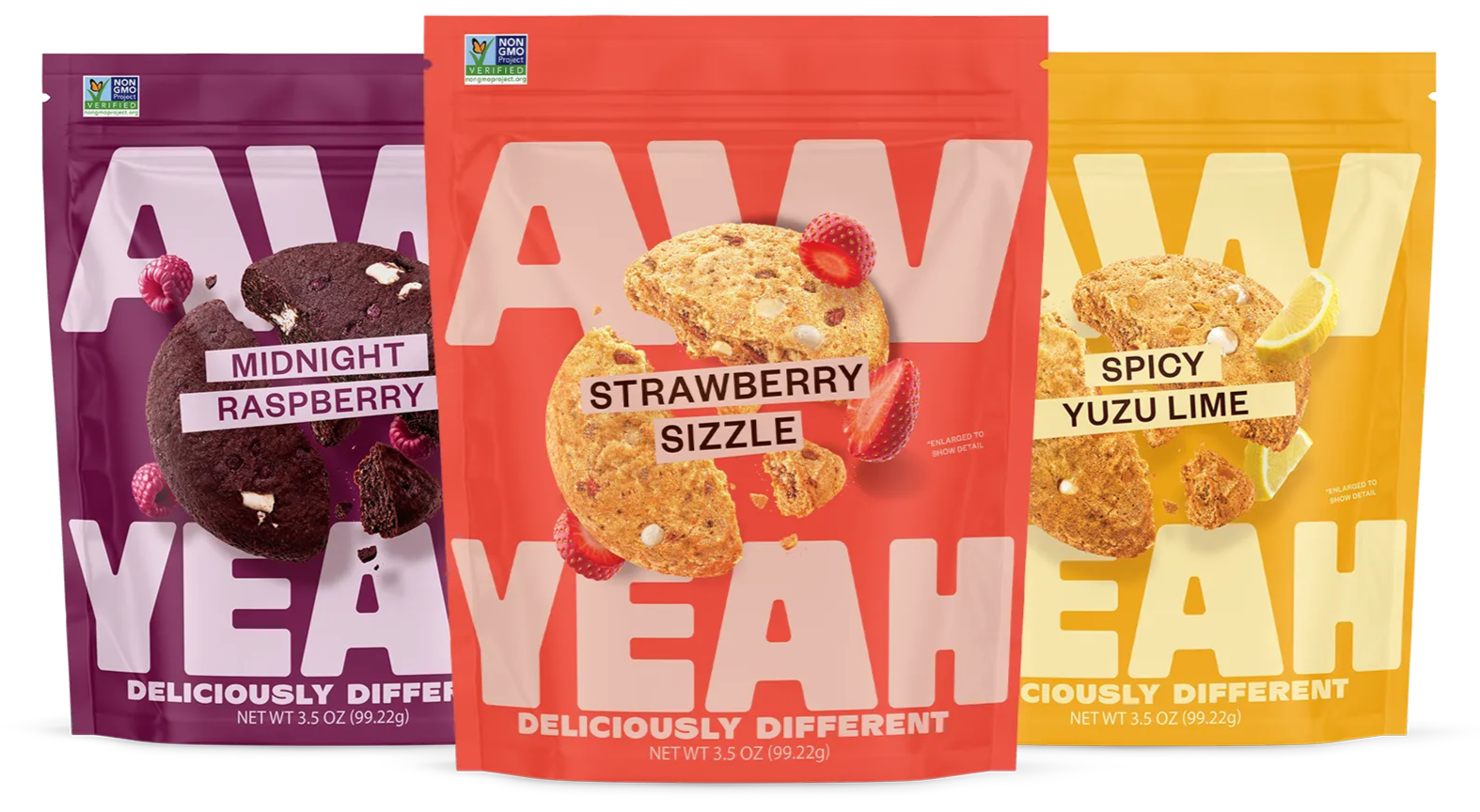 gluten free non GMO dairy free cookies three packages of aw yeah sweet and spicy cookies strawberry sizzle, spicy yuzu lime, midnight raspberry