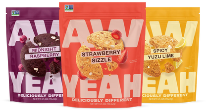 gluten free non GMO dairy free cookies three packages of aw yeah sweet and spicy cookies strawberry sizzle, spicy yuzu lime, midnight raspberry