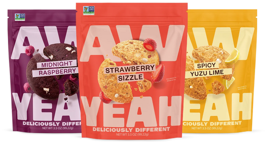 gluten free non GMO dairy free cookies three packages of aw yeah sweet and spicy cookies strawberry sizzle, spicy yuzu lime, midnight raspberry
