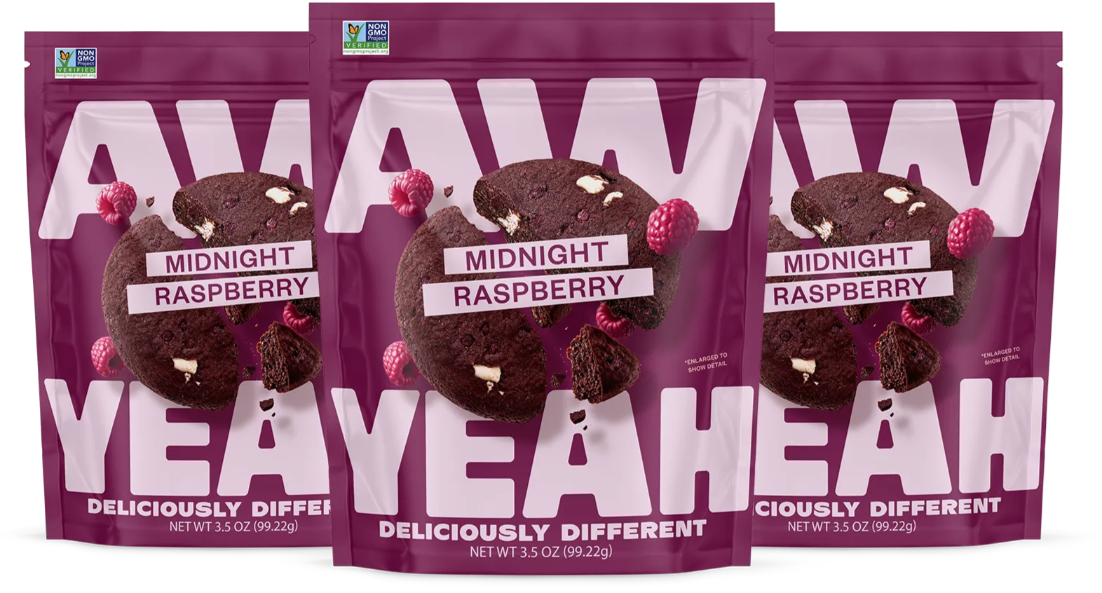 three packages gluten free non GMO dairy free cookies Purple package of AW Yeah Midnight Raspberry cookies