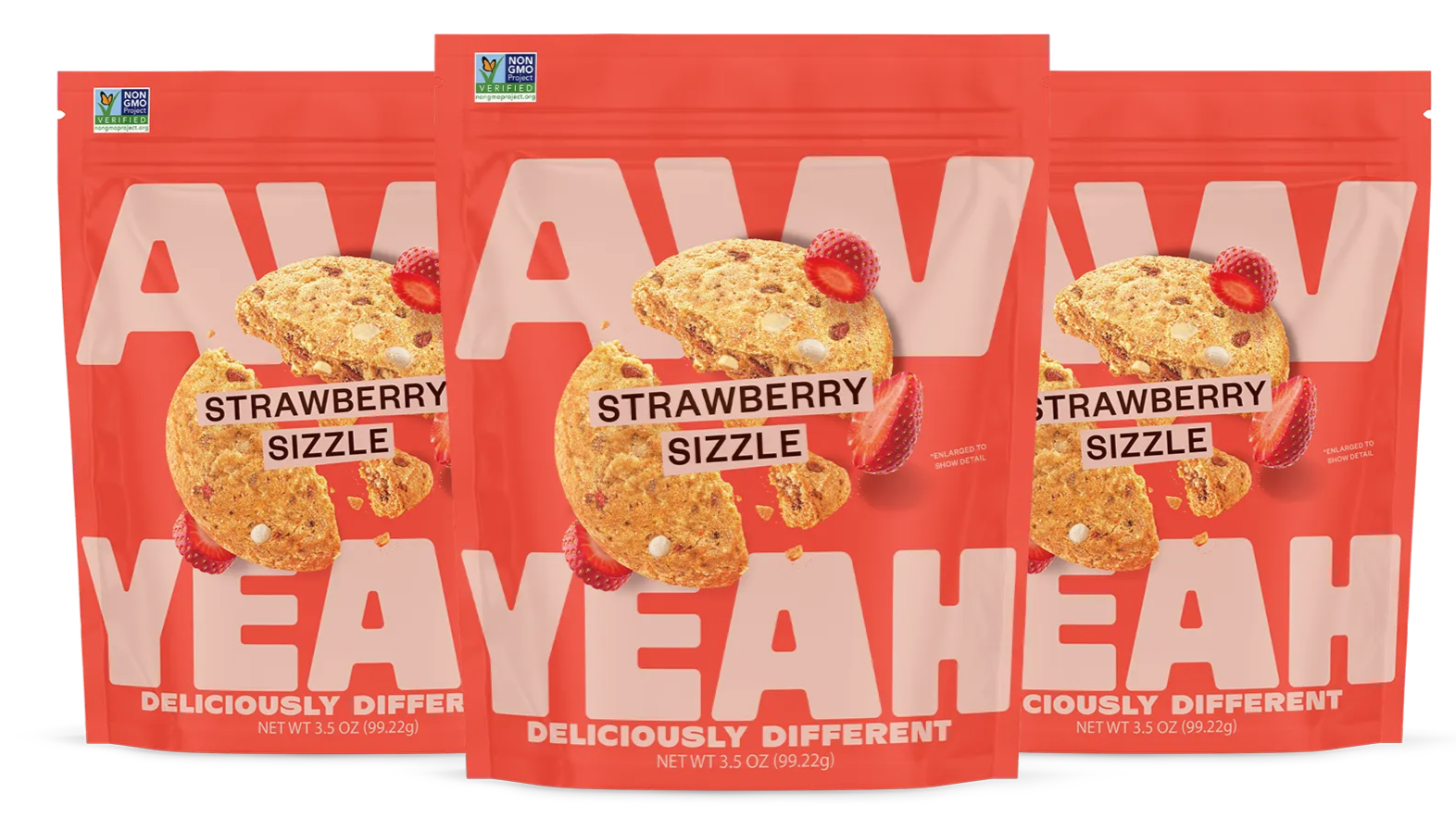 three packages of aw yeah strawberry sizzle sweet and spicy cookies gluten free non GMO and  dairy free cookies 