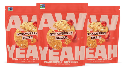 three packages of aw yeah strawberry sizzle sweet and spicy cookies gluten free non GMO and  dairy free cookies 