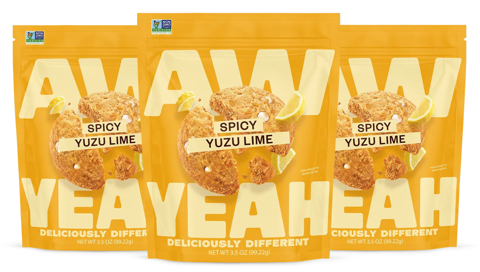 three packages of aw yeah spicy yuzu lime sweet and spicy cookies gluten free non GMO and  dairy free cookies