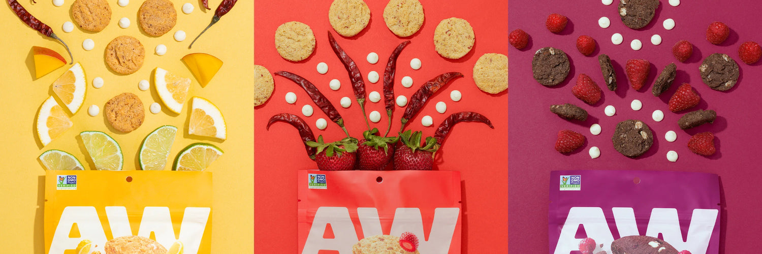 three exploding packages sweet and spicy dairy free gluten free cookies midnight raspberry strawberry sizzle spicy yuzu lime