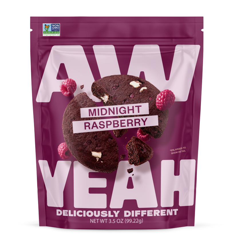 gluten free non GMO dairy free cookies Purple package of AW Yeah Midnight Raspberry snack on a white background