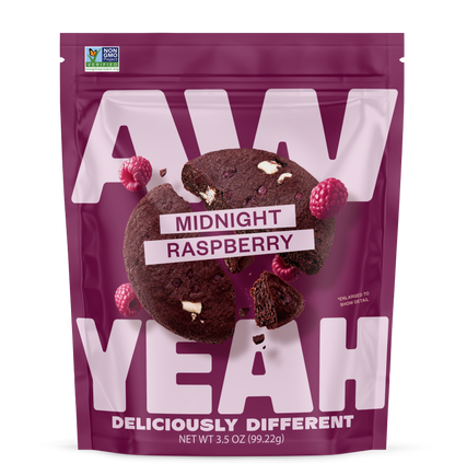 gluten free non GMO dairy free cookies Purple package of AW Yeah Midnight Raspberry snack on a white background